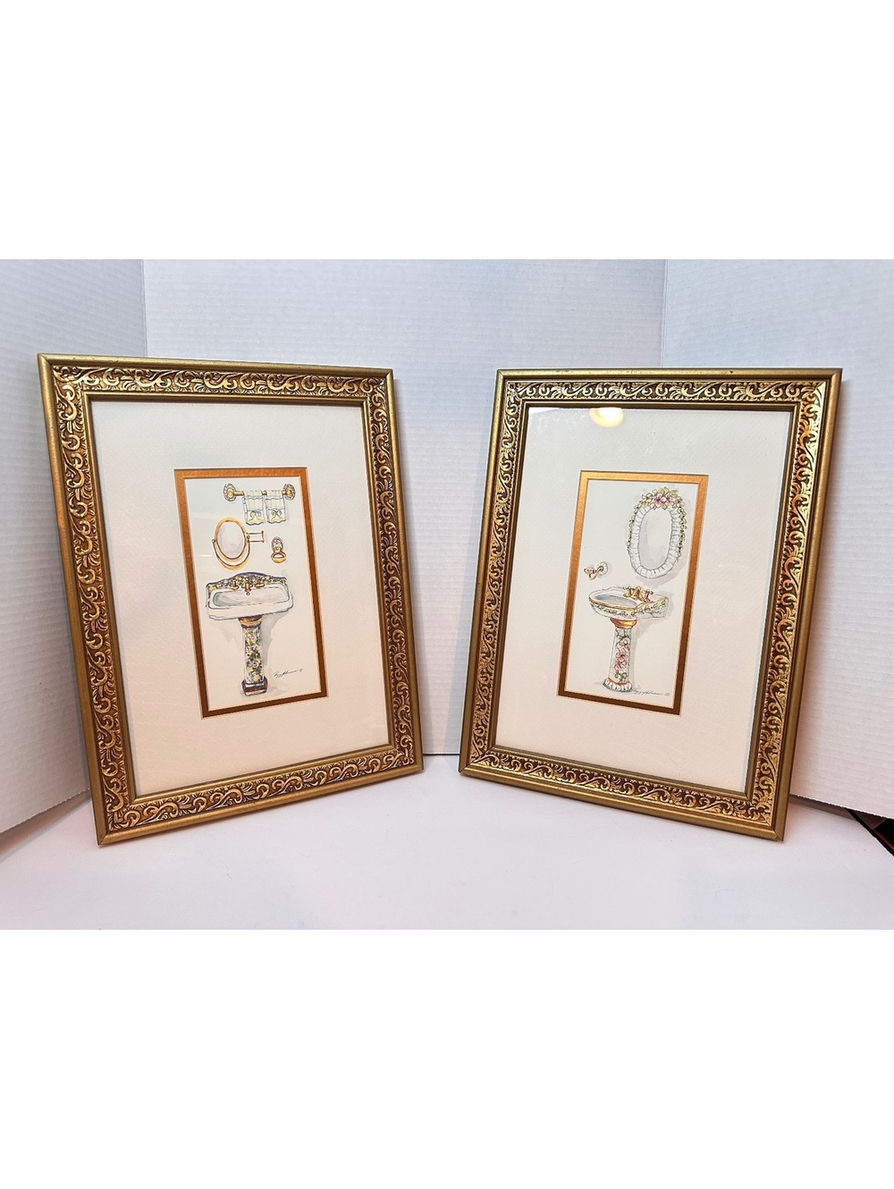 Set of 2 Vintage Framed Victorian Style Bathroom Fixtures Peggy Abrams Art